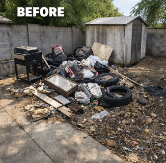 Yard cluttered with debris before cleanup